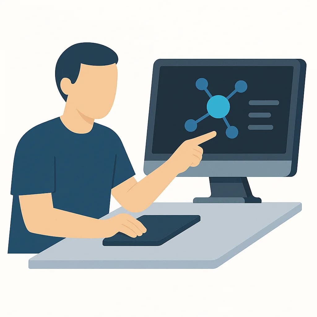 Researcher working on computer with molecular visualization